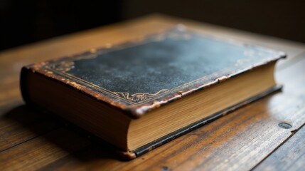 An antique book rests on a rustic wooden surface, its aged cover displaying intricate gilded detailing and a worn leather binding, whispering tales of forgotten knowledge and bygone eras.