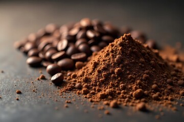 Close-up View of Aromatic Coffee Beans and Finely Ground Coffee Powder on a Dark Surface