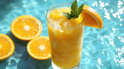 Fototapeta premium A refreshing iced fruit beverage with oranges, pineapple, and mint, served in a tall glass on the poolside deck, with the blue water shimmering.