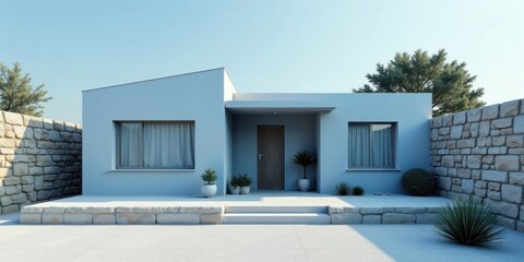 Modern Minimalist House Exterior Design with Stone Walls and Lush Greenery