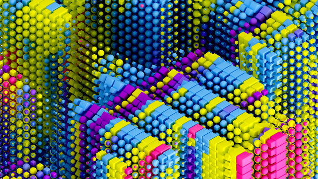 3d render of abstract art of surreal decorative 3d background based on small constructor mosaic cubes boxes squares balls spheres particles in bright mix blue yellow and pink color on grey background