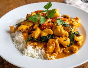 Fototapeta premium Chicken and cashew red curry with rice and herbs, thai inspired dish
