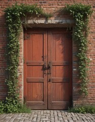 Weathered red brick wall, antique wooden door, climbing vines , background, brown