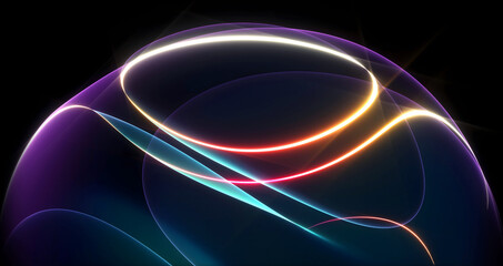 3d render part of surreal mystic alien flower ball or sphere sculpture in curved, wavy organic lines forms deformation process in translucent matte plastic material with yellow neon laser round stripe