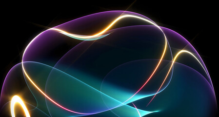 3d render part of surreal mystic alien flower ball or sphere sculpture in curved, wavy organic lines forms deformation process in translucent matte plastic material with yellow neon laser round stripe