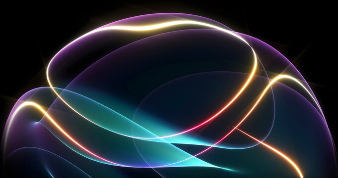 3d render part of surreal mystic alien flower ball or sphere sculpture in curved, wavy organic lines forms deformation process in translucent matte plastic material with yellow neon laser round stripe