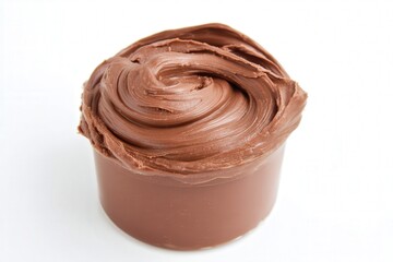 Thick swirl of chocolate cream in cup on white background, dessert spread
