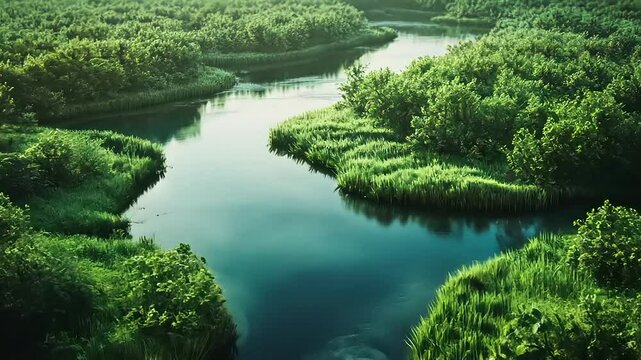 Serene river winding through lush green woodland landscape for relaxation