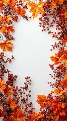 Colorful autumn fall leaves and berries border frame on a bright white background for seasonal decoration or autumn themed design elements