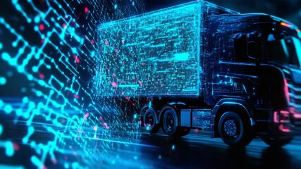 A glowing digital truck surrounded by futuristic data streams and neon lights, symbolizing advanced technology in transportation. - Powered by Adobe