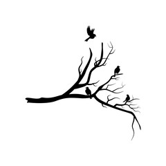 Silhouette of Birds Perched on Tree Branch. Minimalist Nature Design. Vector Illustration