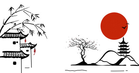 Naklejka premium A serene minimalist artwork featuring a temple, bamboo, mountains, and a red sun. On white transparent background 