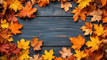 Autumn Maple Leaves Frame Borders on Rustic Dark Wooden Surface with Rich Fall Colors Background for Seasonal Design Themes