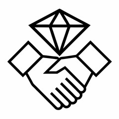 handshake and diamond outline icon on white background	