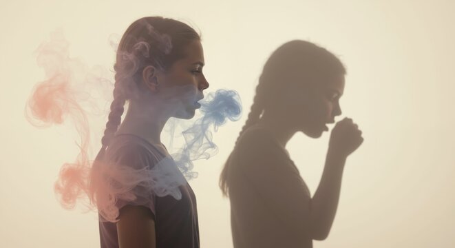 Woman exhaling smoke representing danger of tobacco usage for health, and shadow coughing. Addiction and no tobacco day prevention concept for health education