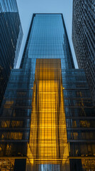 Naklejka premium Glass skyscraper at dusk, reflecting city lights, showcasing a striking contrast between blue and gold hues, symbolizing modern architecture and urban dynamism