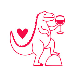 Vector doodle style outline illustration with tyrannosaurus, pink heart and glass of wine. Funny home, cafe, bar wall decoration poster, greeting card template