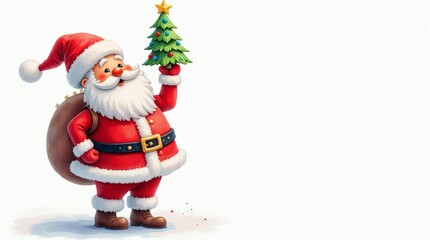 Cheerful Santa Claus holding mini Christmas tree on white background. Copy place