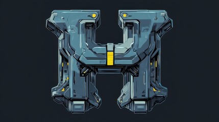 Fototapeta premium Letter H in metallic armor style with bolts and yellow accents, futuristic mechanical look on dark background.