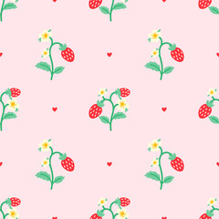 Fototapeta premium Vector seamless pattern with red strawberries, green leaves, and delicate flowers. Ideal for food-themed textiles, wrapping paper, and nature-inspired decor