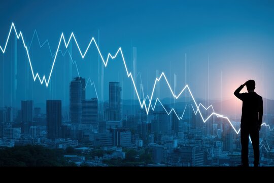 Recession concept with falling stock market graph and worried businessman silhouette with copy space. Cold dramatic light.Economic downturn background.