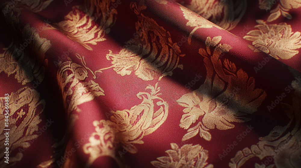 Poster red fabric texture with gold floral pattern, draped in soft waves showcasing luxurious detail and ri
