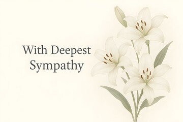 A sympathy card featuring white lilies and the text With Deepest Sympathy. Concept Sympathy Card Design, Elegant White Lilies, Heartfelt Message, Comforting Gesture, Thoughtful Condolence