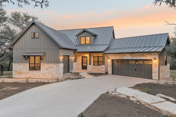 Modern farmhouse with stone accents and metal roof in a serene outdoor setting at dusk, showcasing unique architecture and warm lighting