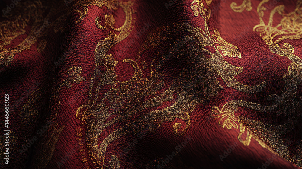 Poster Red fabric texture with gold ornate pattern, showing luxurious detail and rich color, ideal for background or design element