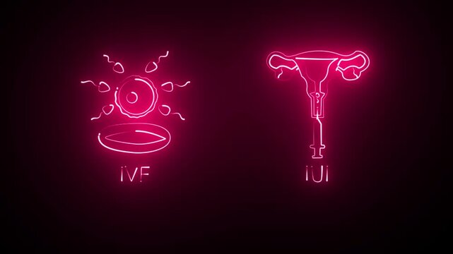 red Neon bright IUI and IVF reproductive technology symbol. Female reproductive system. Healthy intercourse method idea.