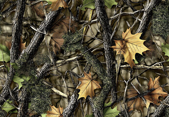 A realistic photo of a camouflage pattern with green leaves and brown oak tree branches