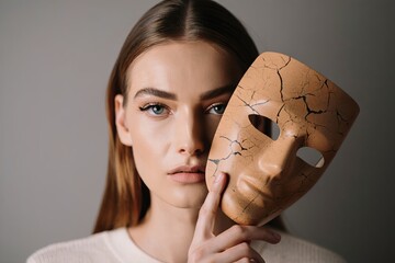 Woman holding cracked mask conceptualizes identity and duality themes for design and art projects