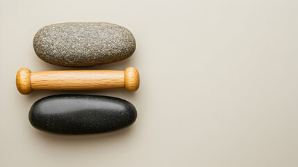 Zen stones and wooden roller arranged for relaxation or massage therapy