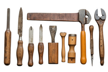 Antique woodworking tools arranged neatly showcasing vintage craftsmanship aged wood metal detailed