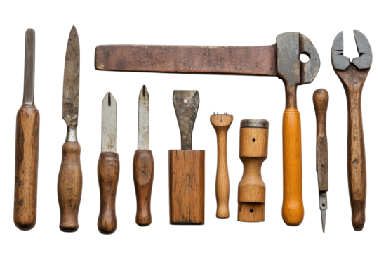Antique woodworking tools arranged neatly showcasing vintage craftsmanship aged wood metal detailed