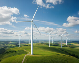 Large white wind turbines spin across lush green countryside hills under a bright blue summer sky filled with fluffy clouds.