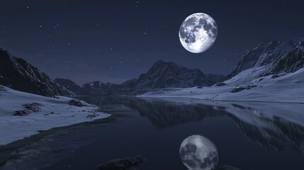 Majestic moonlit winter landscape, reflecting on a serene lake nestled amongst snow-capped mountains