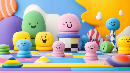 Obraz premium Playful world of smiling characters in a vibrant surreal landscape design