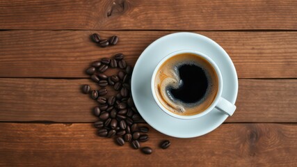 Obraz premium Aromatic dark roast coffee in a white cup with saucer, accompanied by roasted coffee beans on a rustic wooden surface.