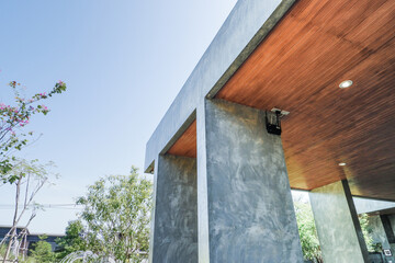 Modern Elegant coworking office in city,wooden and cement wall,modern design,space for text..