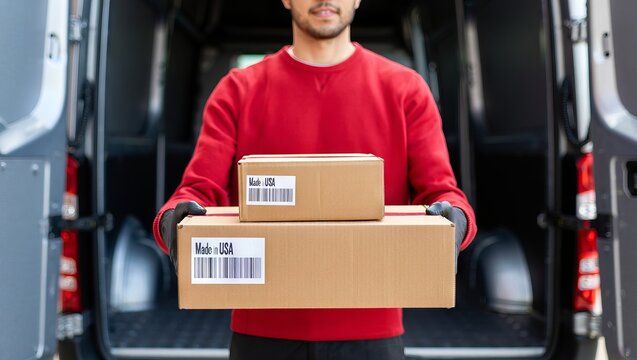 Package delivery service scene with worker holding boxes in delivery van for shipping and logistics