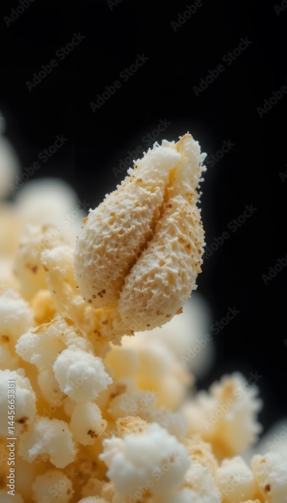Poster detailed popcorn kernel, a close-up view. single piece of popcorn shows complex texture. a wonderful
