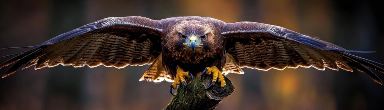 A large bird of prey perched with wings spread wide