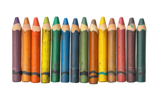 Well loved colored pencils a vibrant row of well used crayons showing signs of creativity arranged