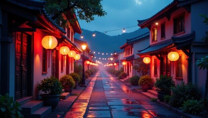 Naklejka premium Twinkling lanterns light the way through the village, peaceful scene, twilight