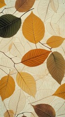 Colorful autumn leaves in shades of green yellow orange and brown with detailed vein patterns on a light background creating a vibrant seasonal display
