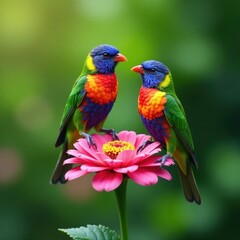 Obraz premium Two birds with bright plumage perch on a blooming flower stem in a lush garden, garden, colorful