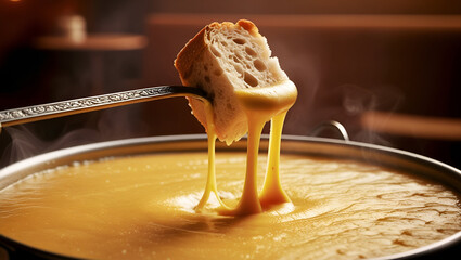 Ultra HD image of a rustic bread cube speared on a fondue fork, mid-dip into a velvety Emmental-Gruyère blend. Cheese strands clinging to the bread, 8K detail on bubbling surface world cheese day