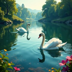 Fototapeta premium Two white swans glide across serene lake waters, surrounded by lush greenery and vibrant aquatic life , lake, ornithology