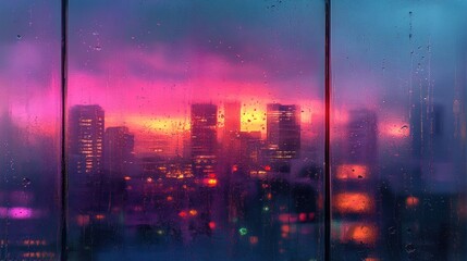 Naklejka premium City skyline scene viewed through a rain covered window